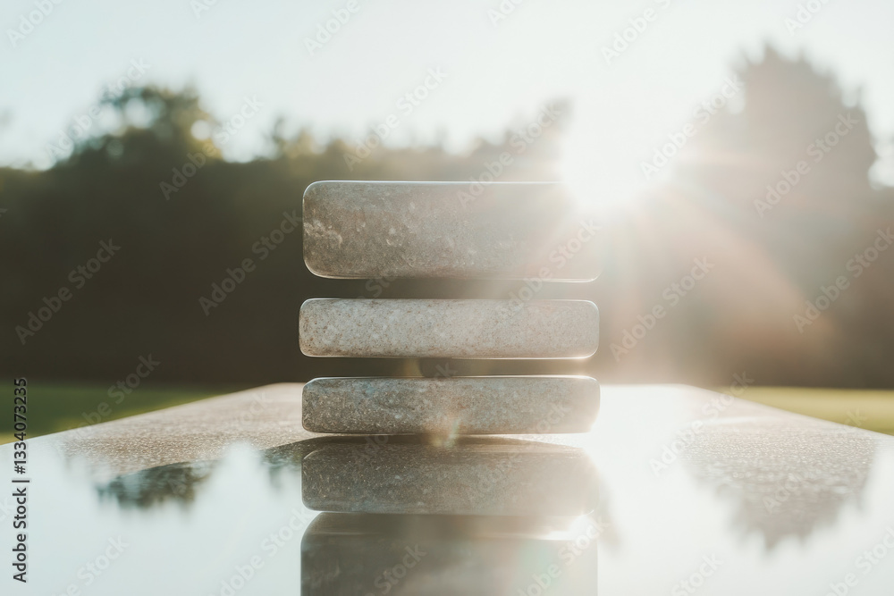 Poster three stacked stones are balanced on reflective surface with sunlight streaming through trees in bac