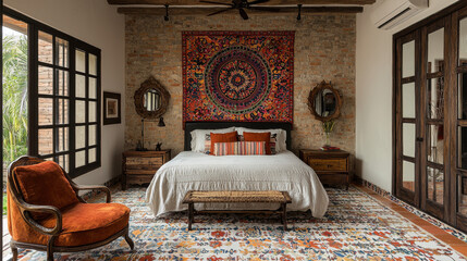 Bohemian bedroom with vibrant textiles and eclectic decor creating a cozy atmosphere