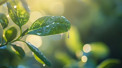 A green leaf with water droplets glistening in bright sunlight