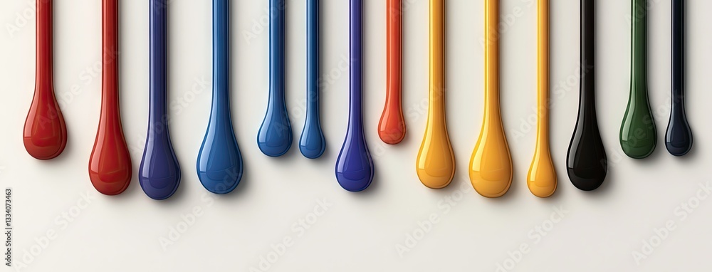 Poster colorful droplet shapes arranged in a line on a neutral background creating an artistic and vibrant 