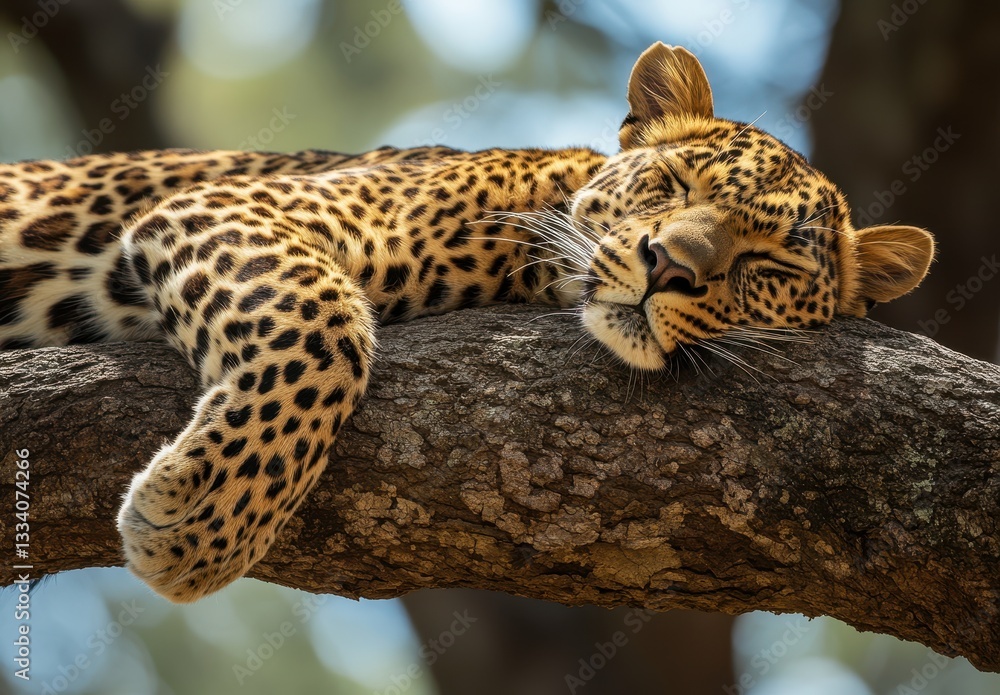 Aufkleber serene leopard resting on tree branch in natural habitat, close-up of relaxed big cat with beautiful