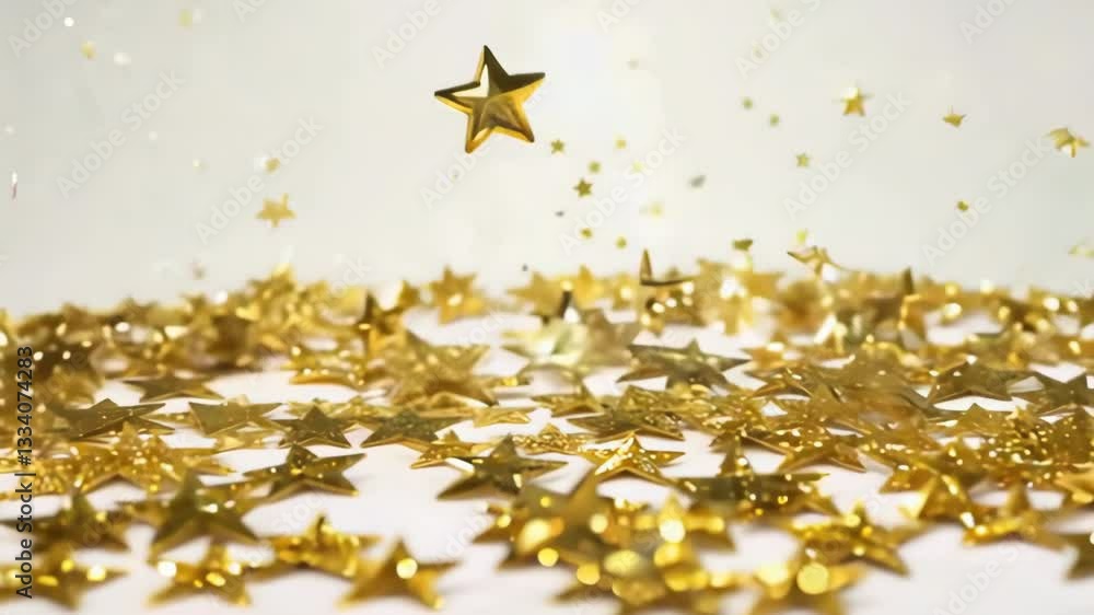 Poster a bunch of gold stars are scattered on a white background. the stars are of different sizes and are 