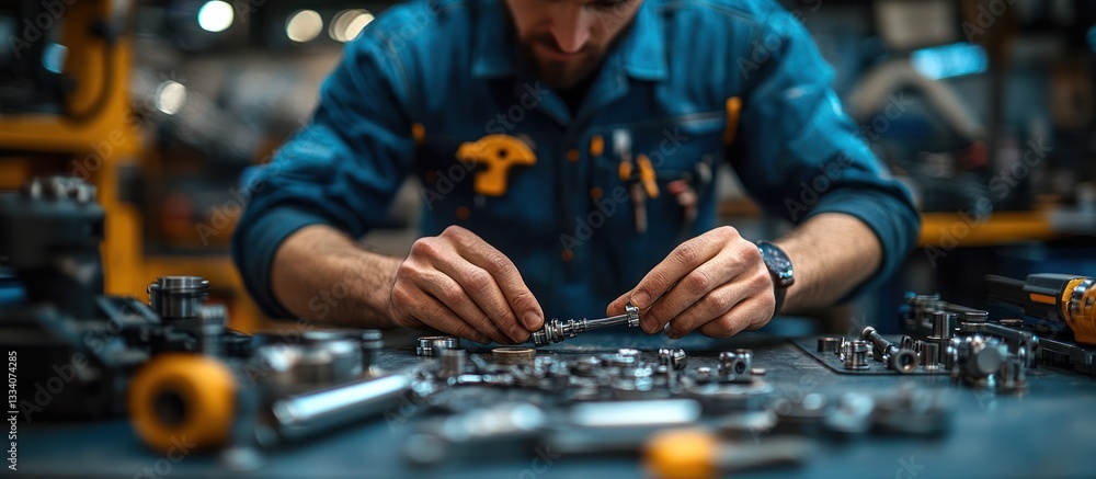 Poster mechanic assembling small parts in workshop.