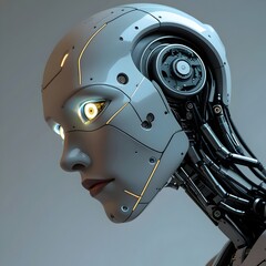 Robot with Glowing Eye and Mechanical Features – Close-Up of High-Tech Design and Processing Movements in Robotics