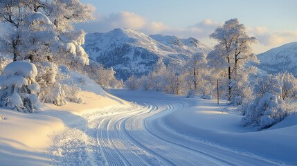 Fototapeta premium Scenic Snowy Hillside with Cross-Country Ski Tracks Under a Pale Blue Sky. Generative AI