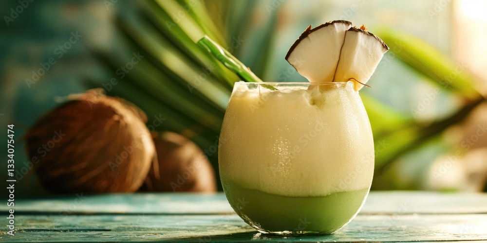 Poster a refreshing cocktail with a coconut garnish, perfect for a summer evening or pool party