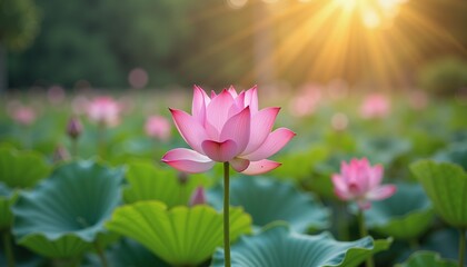 Obraz premium Serene pink lotus flower in sunlight, symbol of purity and tranquility, nature backdrop