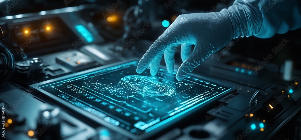 Aufkleber advanced technology interface, hand interacting with digital display panel