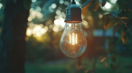 A single glowing lightbulb hanging in a natural outdoor setting