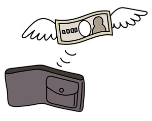 財布と羽根が生えて飛んでいく紙幣のベクターイラスト