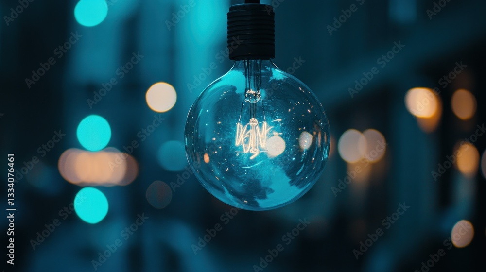 Poster a glowing lightbulb shines in a darkened blurred background setting
