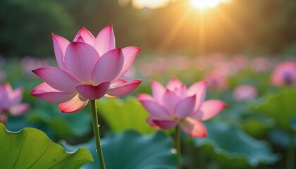 Pink Lotus Blossom in Sunlit Garden, Inspiring Serenity and Peace