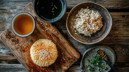 Still life of rice based dishes with tea and sauce