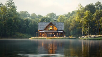 Obraz premium Serene Lakeside Log Cabin Home in Tranquil Forest Setting at Sunrise