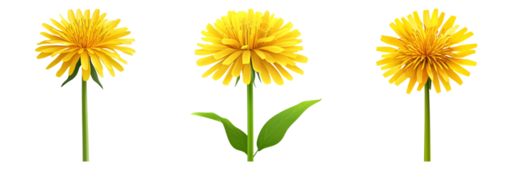 Bright yellow dandelions with green stems and leaves on transparency background