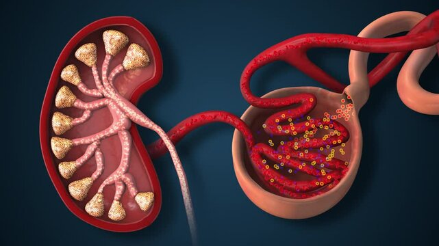 Human Kidney Nephrons Filtering Blood and Producing Urine
