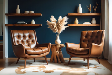 Modern Living Room Interior – Leather Armchair, Wood Flooring, Dark Blue Wall & Fireplace