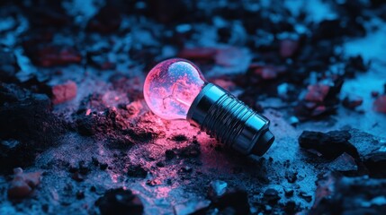 A lit lightbulb illuminates debris with vibrant blue and pink