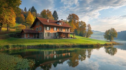 Obraz premium Rustic, charming, autumnal home, nestled beside a serene lake, with fall foliage.