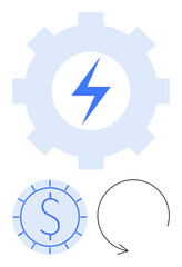 Gear with lightning bolt, coin with dollar sign, and circular arrow depict energy, economy, and sustainability. Ideal for innovation, resource management, green business, efficiency renewable