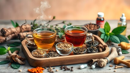 Soothing Herbal Wellness Display with Ashwagandha, Rhodiola, Ginseng, and Reishi Mushrooms for Natural Stress Relief and Health Benefits
