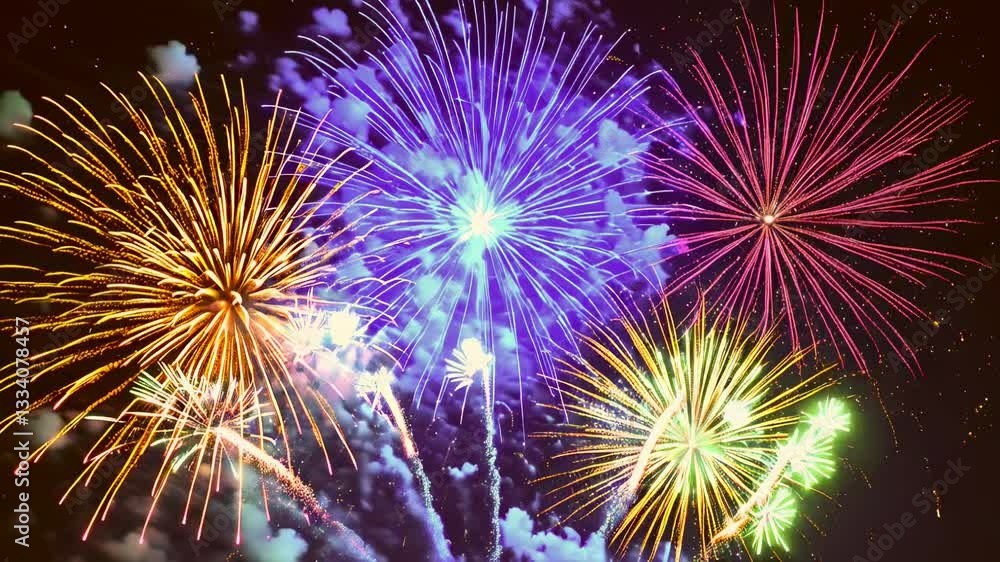 Poster A vibrant display of colorful fireworks lighting up the night sky, creating an enchanting and dynamic spectacle for all to enjoy