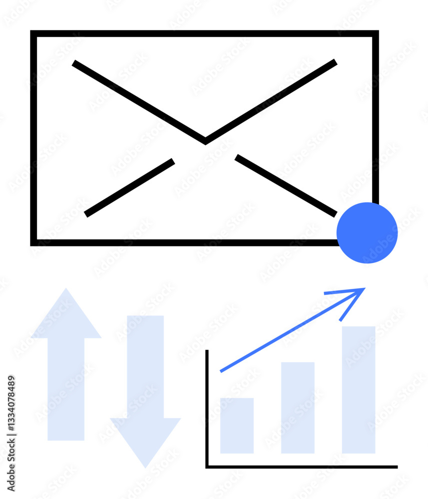 Poster email frame with notification dot, upward and downward arrows, chart showing growth. ideal for commu