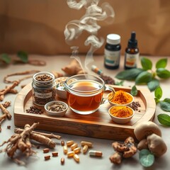 Adaptogenic Herbs and Supplements for Stress Relief, Immunity Boosting, and Holistic Well-Being with Ashwagandha, Ginseng, Rhodiola, and Herbal Tea