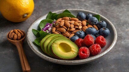 Vibrant Plate of Superfoods Including Avocado, Nuts, and Berries, Promoting Immunity and Emotional Balance for Optimal Health