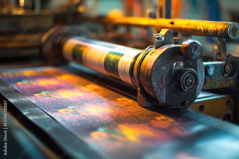 Poster a close-up view of a machine working, suitable for industrial or manufacturing context