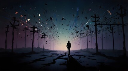 A Figure Overwhelmed by Dark Emotions, Facing a Crossroads with Chaotic Symbols of Fate, and Searching for Hope