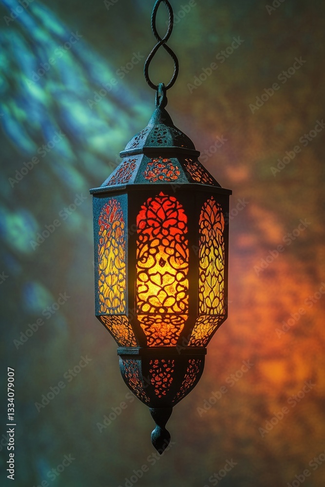 Poster a lantern hangs from the ceiling of a room, providing soft lighting