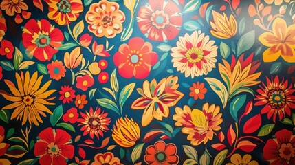 Vibrant Floral Pattern with Colorful Flowers on Dark Background