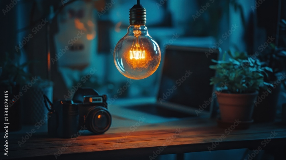 Poster a glowing light bulb illuminates a desk with various objects