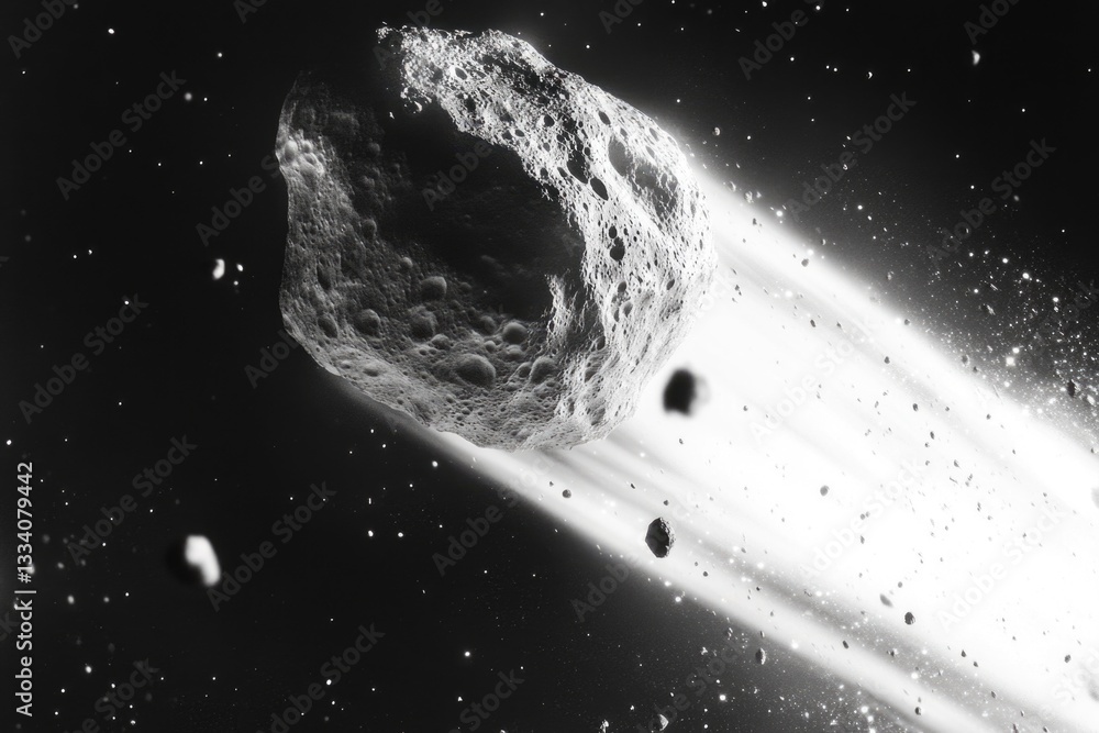 Poster A black and white photograph of an object floating in space, suitable for use as a background or to represent the unknown