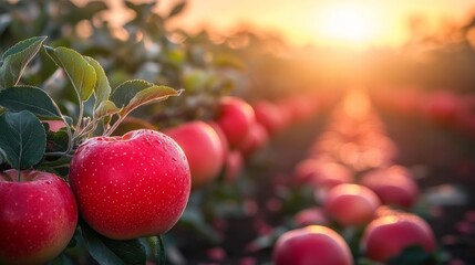 Obraz premium Vibrant Apple Orchard with Freshly Ripened Apples at Sunset. Generative AI