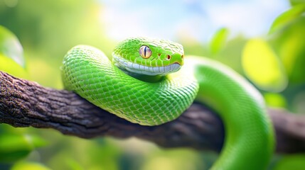 Fototapeta premium A vibrant green snake coiled on a branch, surrounded by lush foliage, showcasing its striking color and serene environment.