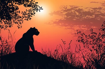 Naklejka premium Silhouette of a Panther Against a Vibrant Sunset Sky with Dramatic Colors and Natural Elements of Grass and Leaves in Background