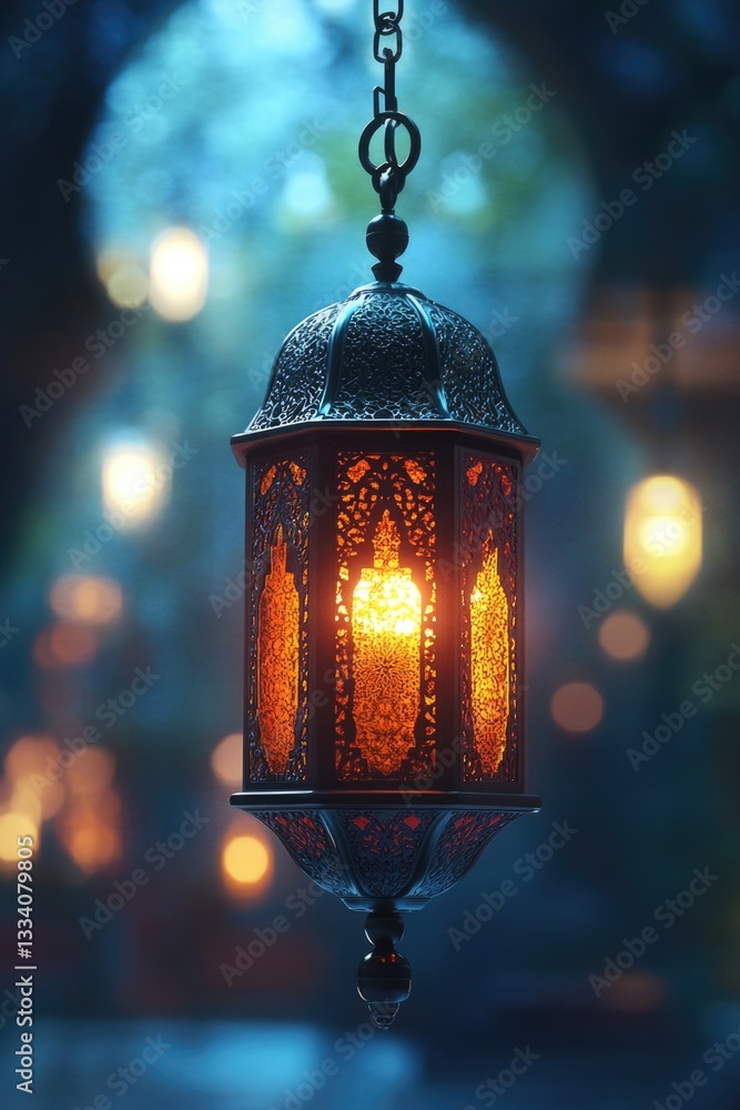 Poster A lantern hanging from a chain with soft lights shining behind it