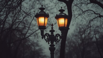 An illuminated ornate lamp post stands in a darkened park setting