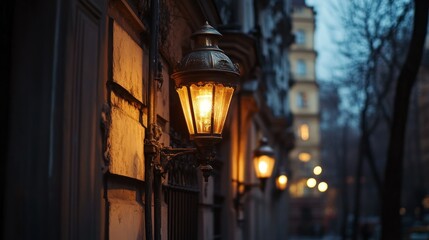 Close up of ornate street lamps on a stone building facade