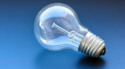 A clear glass light bulb with visible filament resting on surface