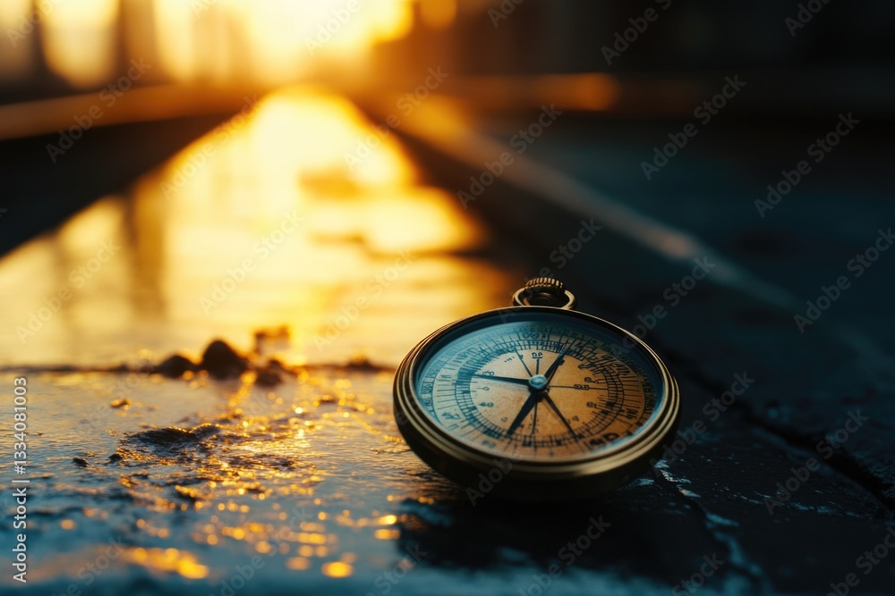 Poster A close-up shot of a compass on a wet surface, ideal for use in scenes where navigation is important