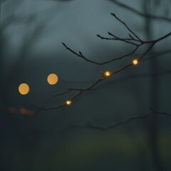 Bare tree branches display small glowing lights against a dark background