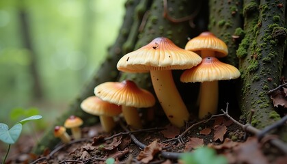 Vibrant mushrooms sprouting on forest floor in natural daylight, nature photography