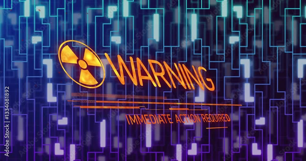 Poster radiation warning sign over digital circuit pattern with animation effect