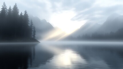 Fototapeta premium A misty mountain lake at sunrise with the first rays of light breaking through the fog and reflecting on the water