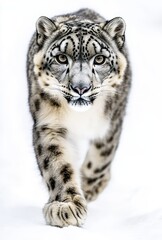 Fototapeta premium Snow leopard gracefully prowling through pristine snow-covered landscape, showcasing stunning fur patterns and piercing eyes in a captivating wildlife moment