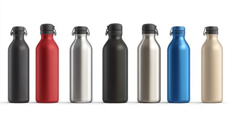 Row of colorful stainless steel water bottles on white background