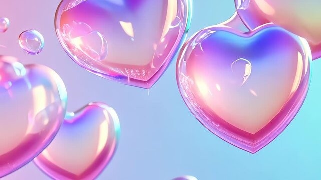 Many pink translucent valentine 3d in shaped bubbles are floating on a pastel colored background with a gradient from blue to pink flying heart the air video 4k